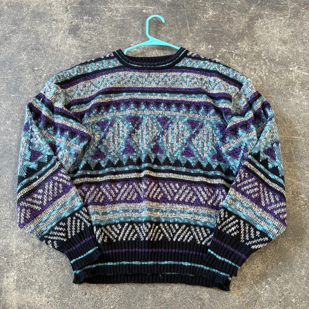 Vintage Expressions Sweater Mens L Gray Purple Geometric Boxy 80s Holiday